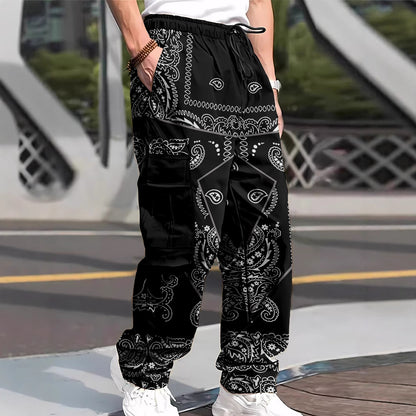 Men's All-Over Print Cargo Pants | Multi-Pocket Drawstring Trousers