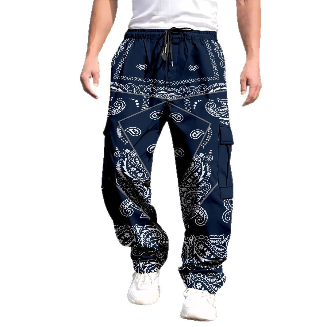 Men's All-Over Print Cargo Pants | Multi-Pocket Drawstring Trousers