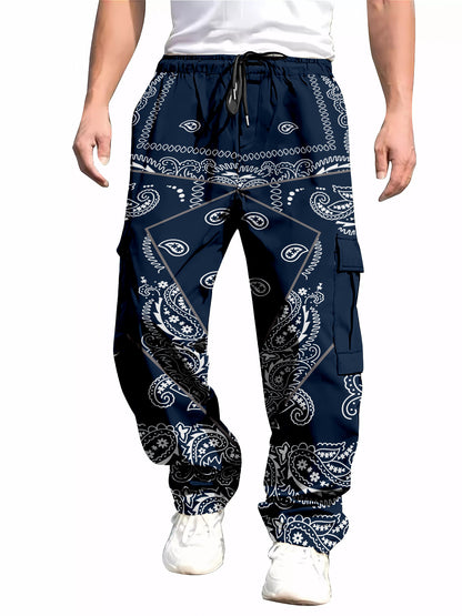 Men's All-Over Print Cargo Pants | Multi-Pocket Drawstring Trousers