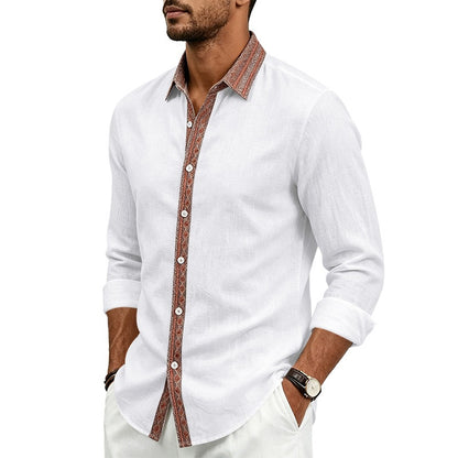 Men's Linen Shirt Long Sleeve | Contrast Placket Collared Shirt