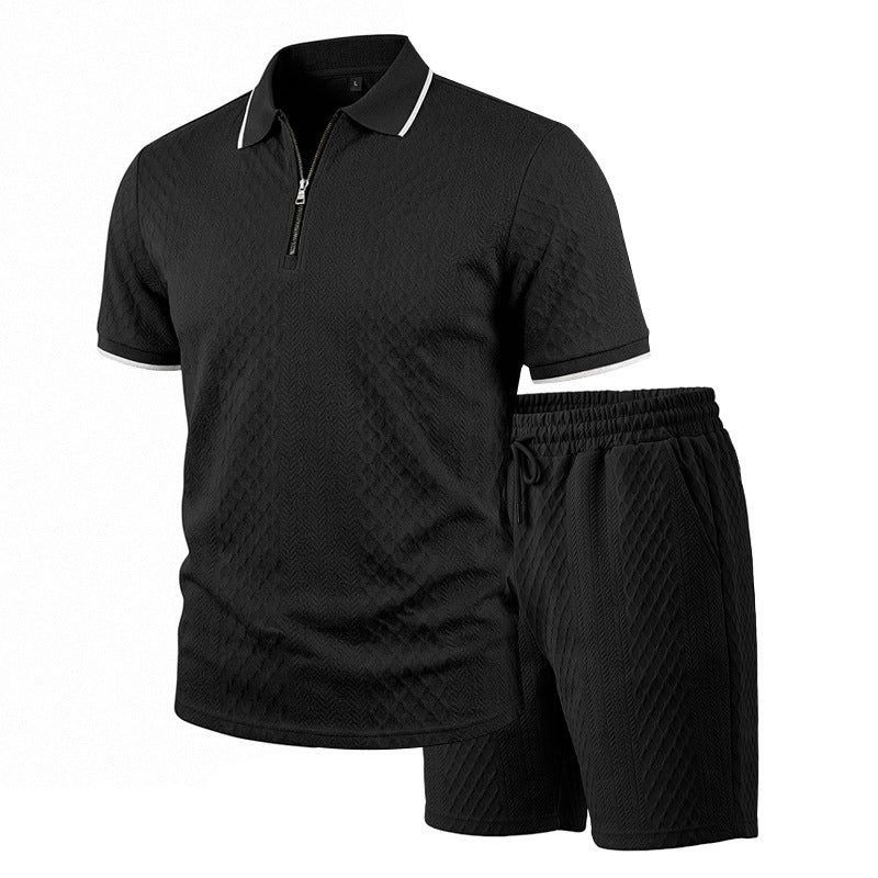 Men's Jacquard Polo Shirt & Shorts Set | Relaxed Zip-Up Commuter 2-Piece