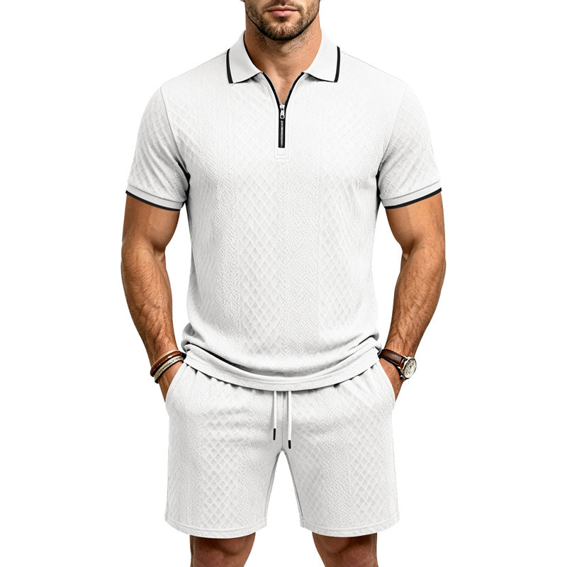 Men's Jacquard Polo Shirt & Shorts Set | Relaxed Zip-Up Commuter 2-Piece