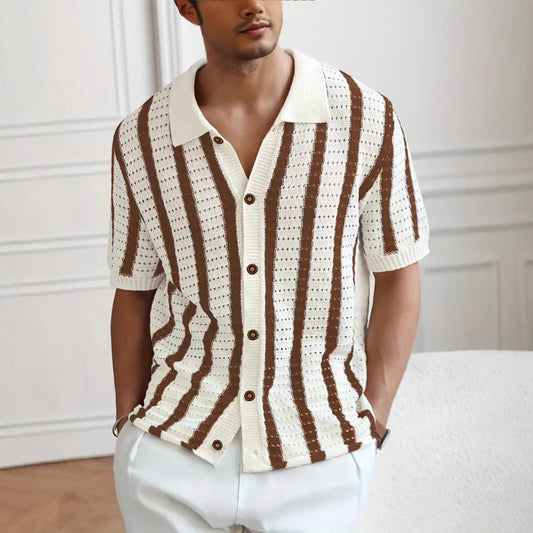 Men's Openwork Vertical Stripe Knit Polo Cardigan Short Sleeve Shirt