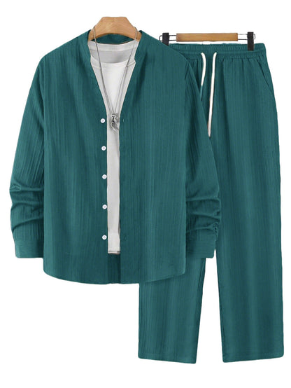 Solid-color, collarless, long-sleeved shirt and trousers two-piece set