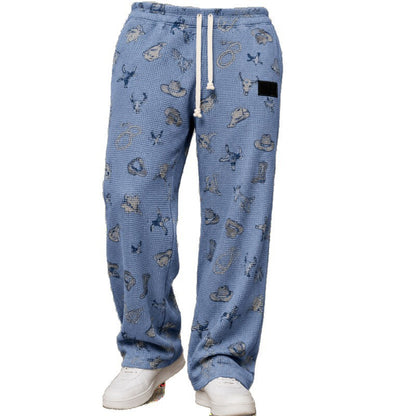 Men's All-Over Print Waffle Knit Pants | High-Waisted Drawstring Relaxed Fit Trousers