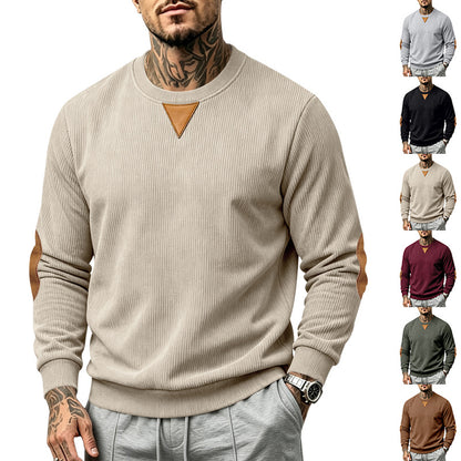Men's Corduroy Crew Neck Sweatshirt | Relaxed Fit Embroidered Long Sleeve Top