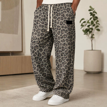 Men's All-Over Print Waffle Knit Pants | High-Waisted Drawstring Relaxed Fit Trousers