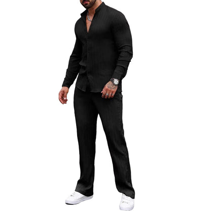 Solid-color, collarless, long-sleeved shirt and trousers two-piece set