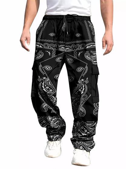 Men's All-Over Print Cargo Pants | Multi-Pocket Drawstring Trousers