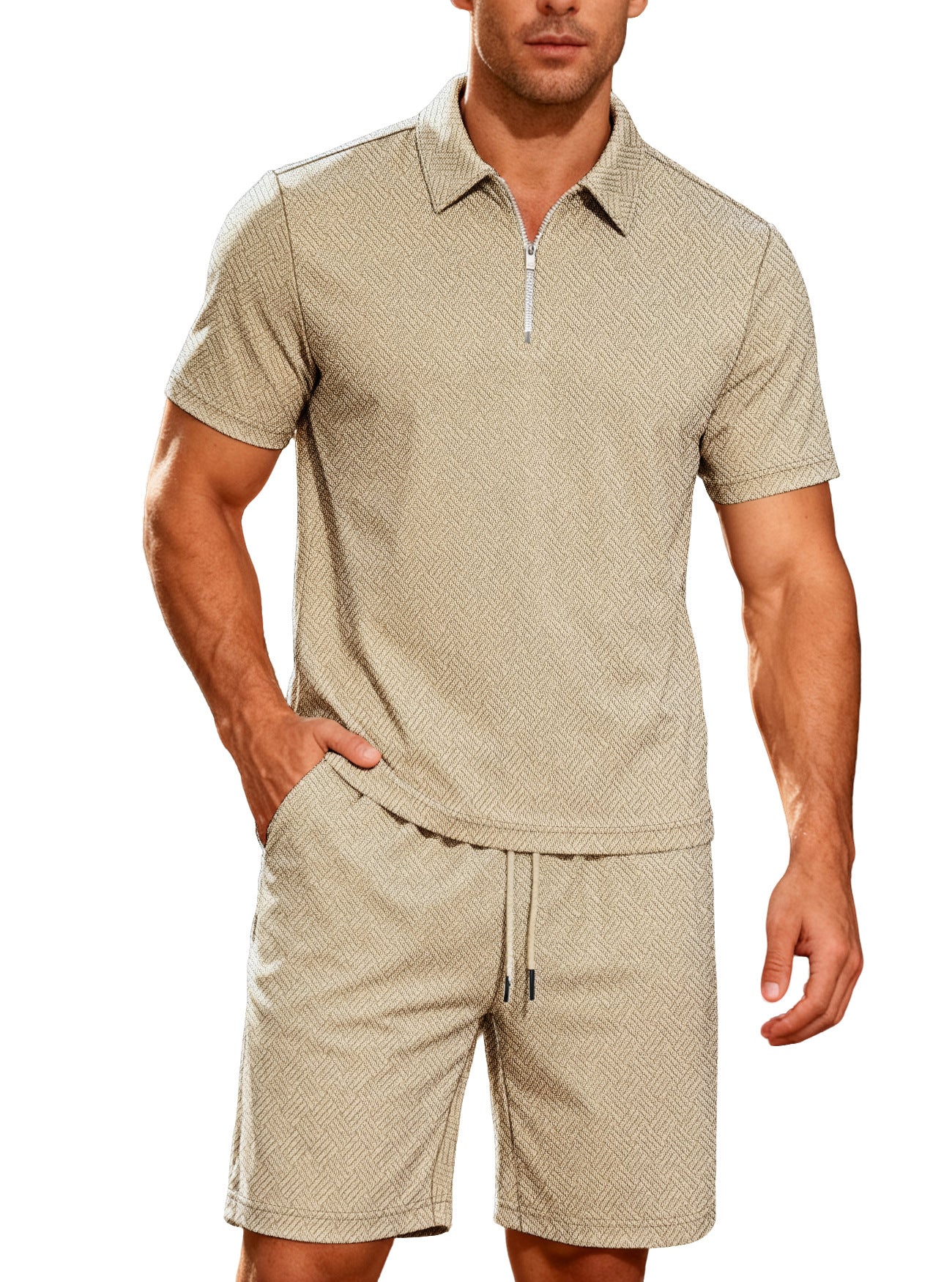 Men's Short Sleeve Zip Polo Shorts Set