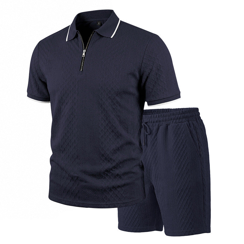 Men's Jacquard Polo Shirt & Shorts Set | Relaxed Zip-Up Commuter 2-Piece
