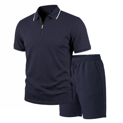 Men's Jacquard Polo Shirt & Shorts Set | Relaxed Zip-Up Commuter 2-Piece