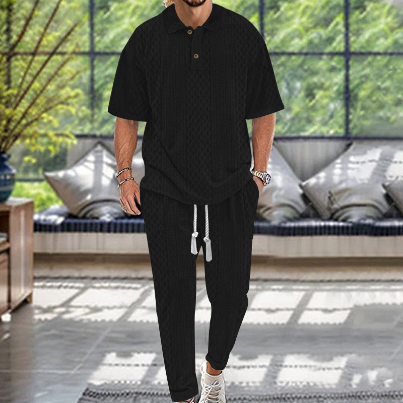 Men's solid-color short-sleeve top and long pants two-piece set