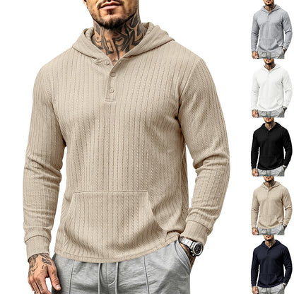 Men's Hooded Henley Long Sleeve | Relaxed Textured Pocket Shirt