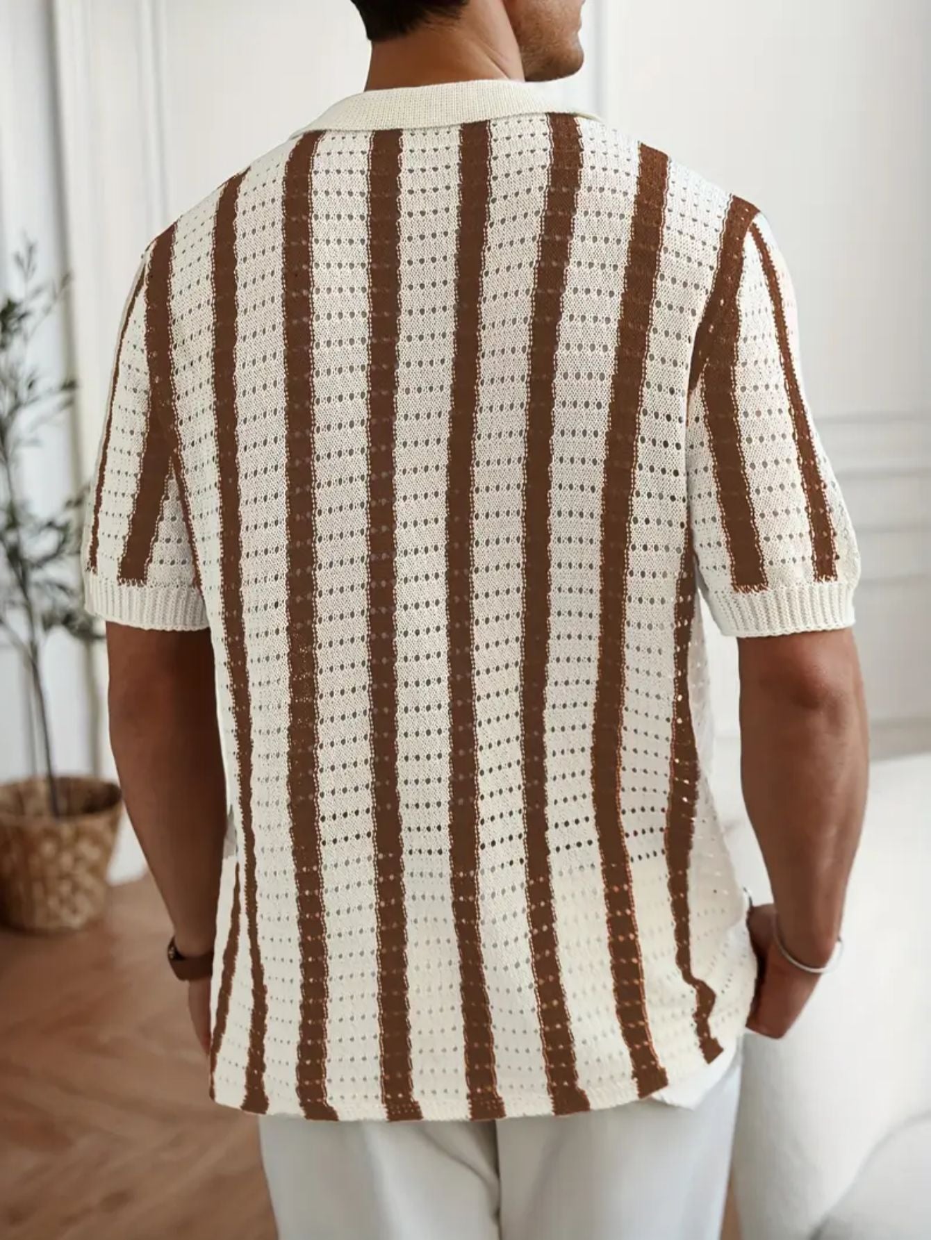 Men's Openwork Vertical Stripe Knit Polo Cardigan Short Sleeve Shirt