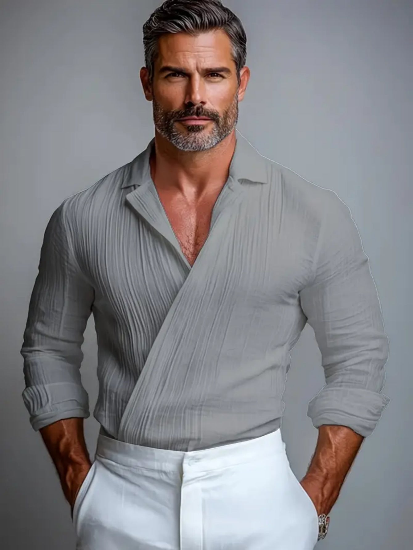 Men's Textured Crossover V-Neck Long Sleeve Pullover Shirt
