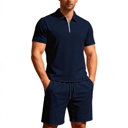 Men's Short Sleeve Zip Polo Shorts Set