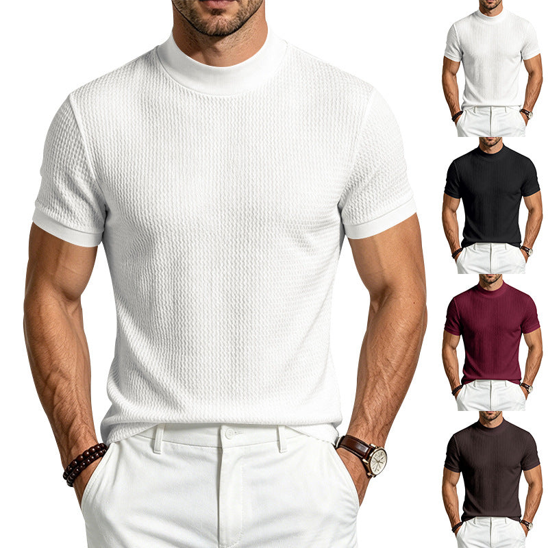 Men's Solid Jacquard Mock Neck Shirt | Slim Fit Minimalist Short Sleeve Top