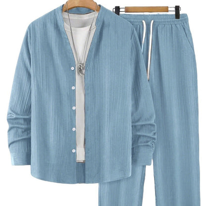 Solid-color, collarless, long-sleeved shirt and trousers two-piece set