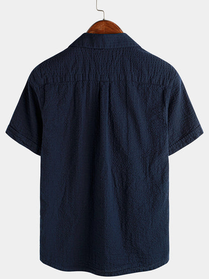 Men's Cotton Pocket Casual Solid Color Beach Summer Button Up Short Sleeve Shirt