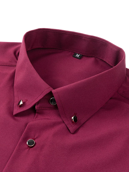 Long Sleeve Dress Shirt with Faux Gemstone Metal Rim Buttons