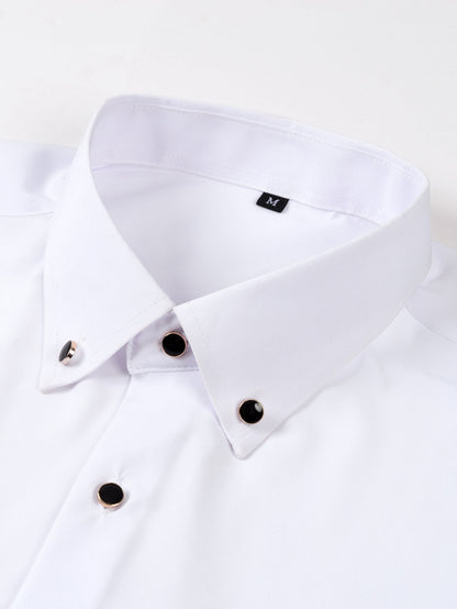 Long Sleeve Dress Shirt with Faux Gemstone Metal Rim Buttons