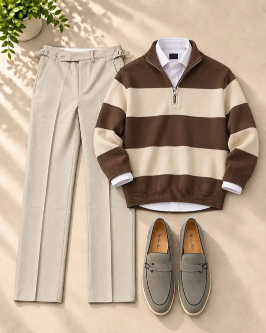 Men's Classic Stripe Quarter-Zip Ribbed Knit Sweater & Pants 2-Piece Set