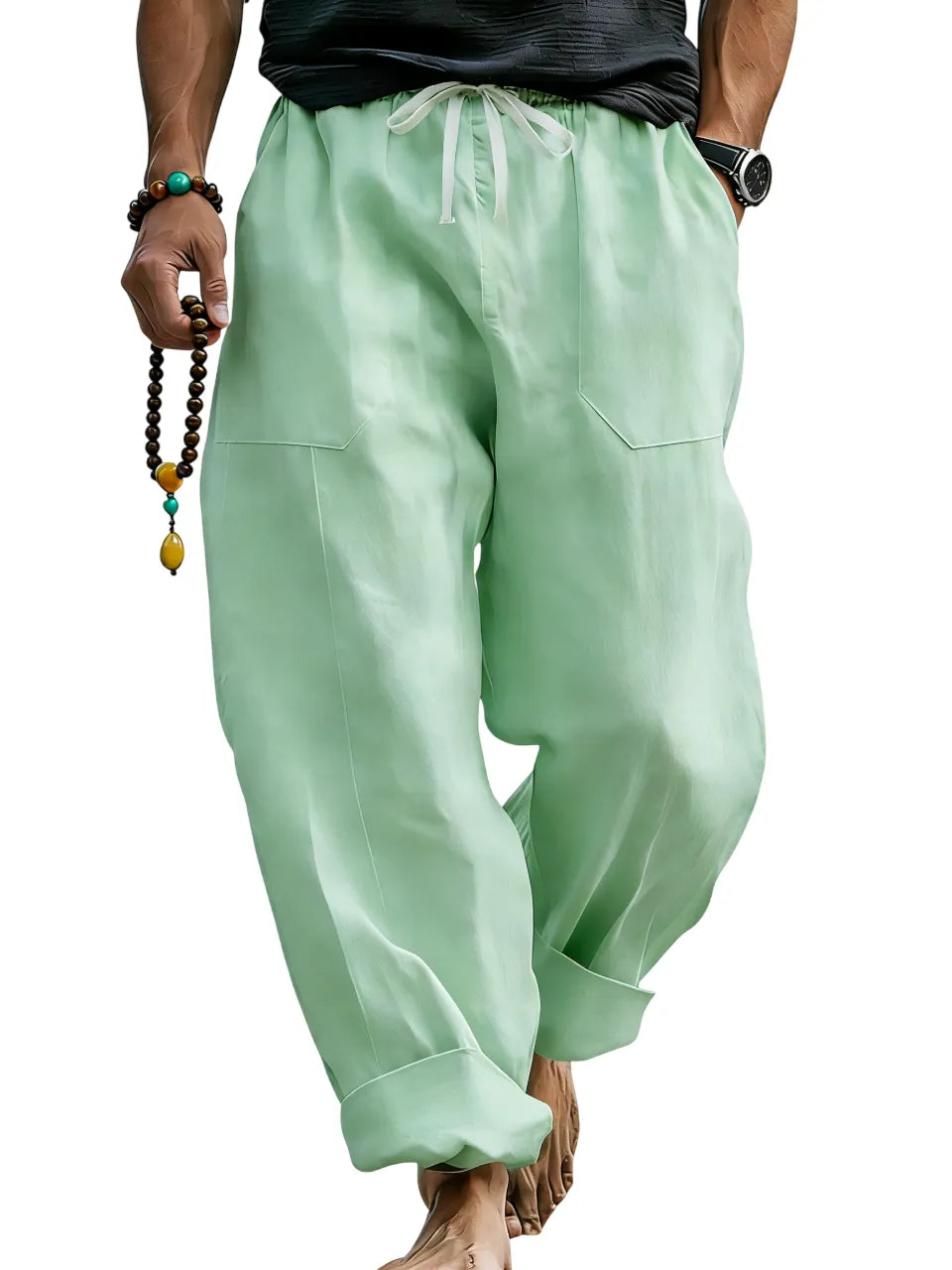 Men¡¯s Linen Blend Loose Fit Pants  Breathable Summer Beach Trousers