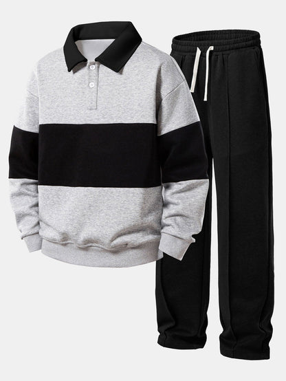 Relax Fit Color Block Polo Collar Sweatshirt & Straight Leg Pleated Pintuck Sweatpants