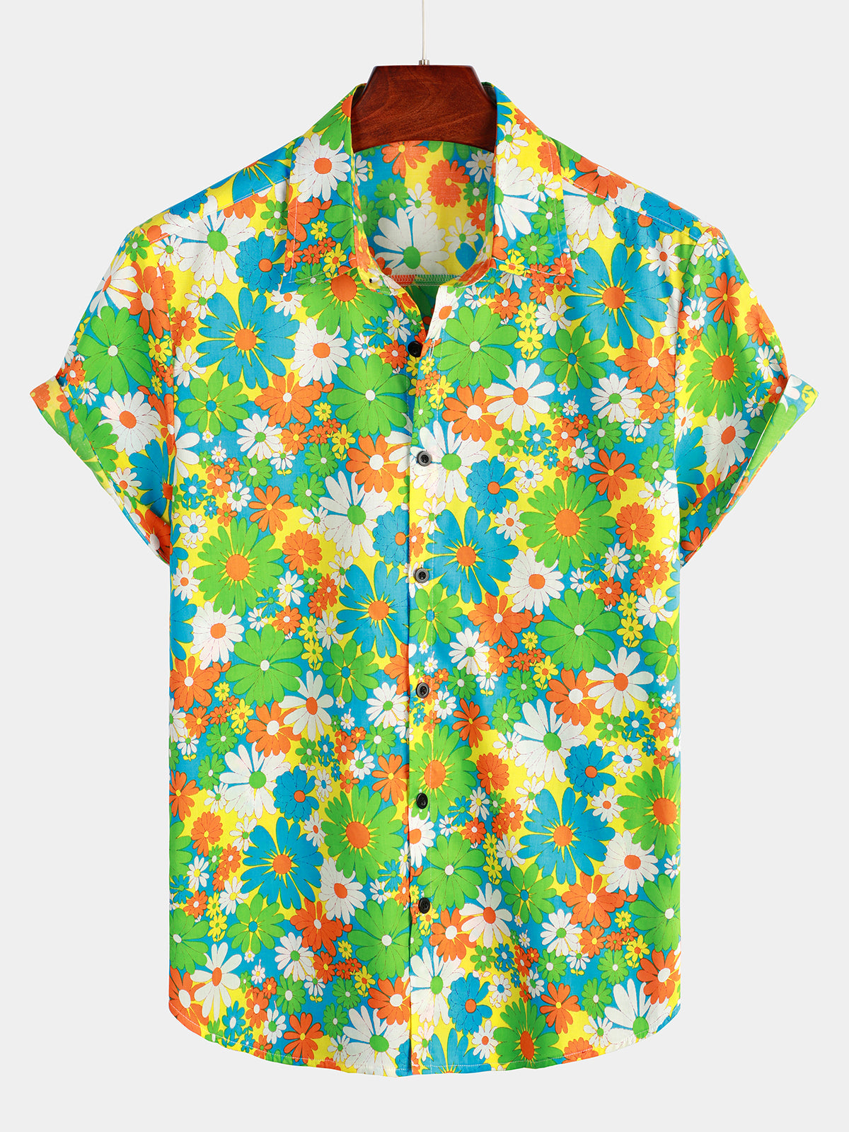 Men's Green Floral Cotton Tropical Button Up Hawaiian Shirt