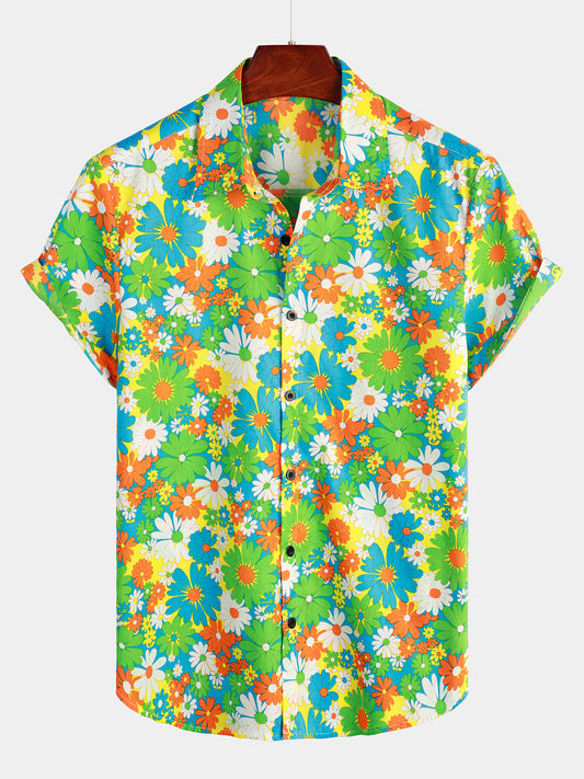 Men's Green Floral Cotton Tropical Button Up Hawaiian Shirt