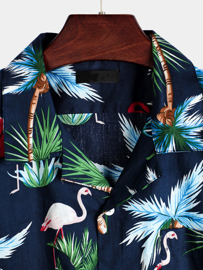 Men's Flamingo Print Cotton Hawaiian Short Sleeve Shirt