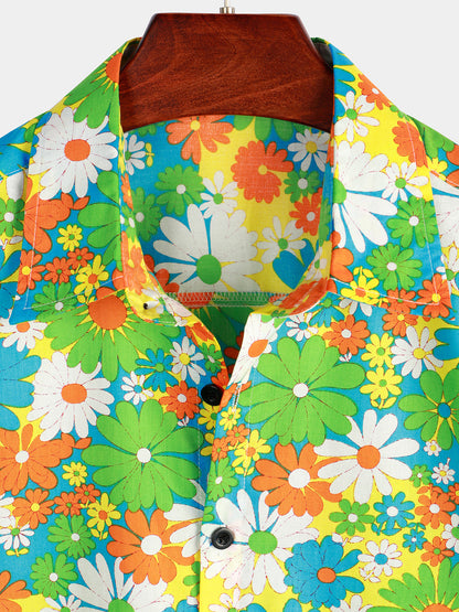Men's Green Floral Cotton Tropical Button Up Hawaiian Shirt