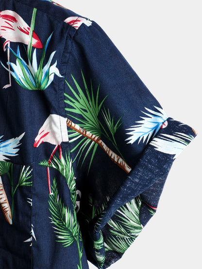 Men's Flamingo Print Cotton Hawaiian Short Sleeve Shirt