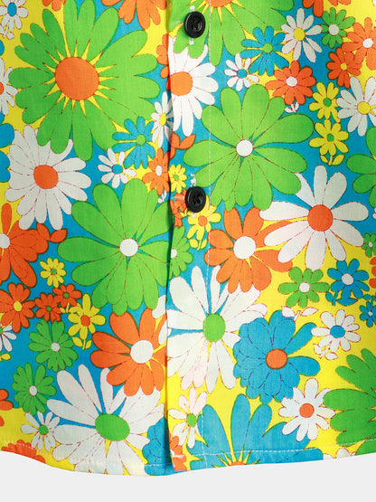 Men's Green Floral Cotton Tropical Button Up Hawaiian Shirt