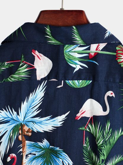 Men's Flamingo Print Cotton Hawaiian Short Sleeve Shirt