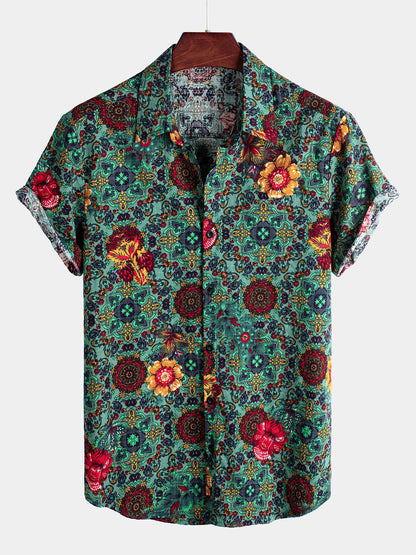 Men's Vintage Flower Print Cotton Short Sleeve Shirt