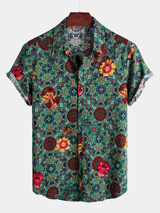 Men's Vintage Flower Print Cotton Short Sleeve Shirt