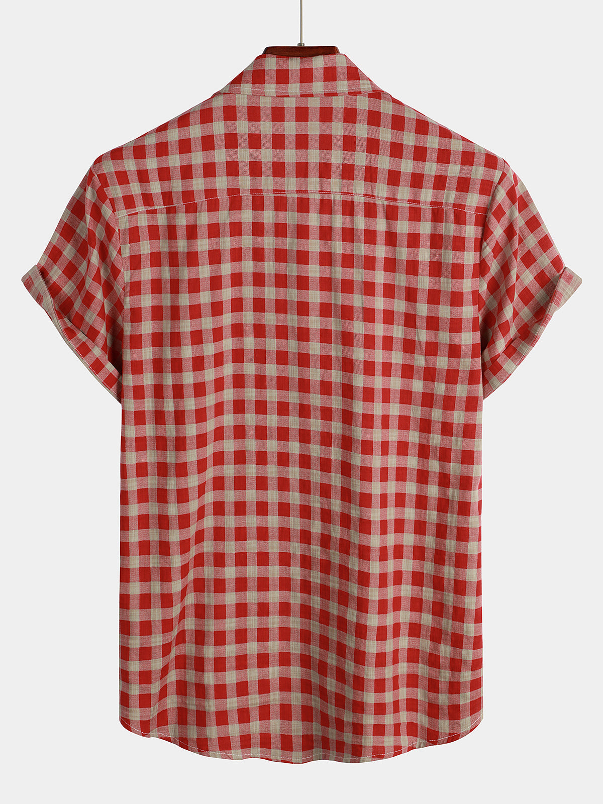 Men's Red Check Print Plaid Pocket Button Up Short Sleeve Shirt