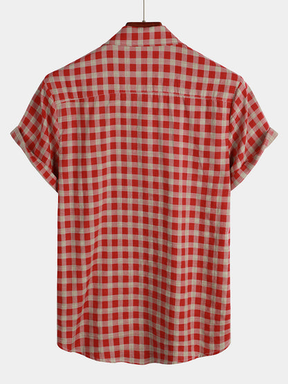 Men's Red Check Print Plaid Pocket Button Up Short Sleeve Shirt