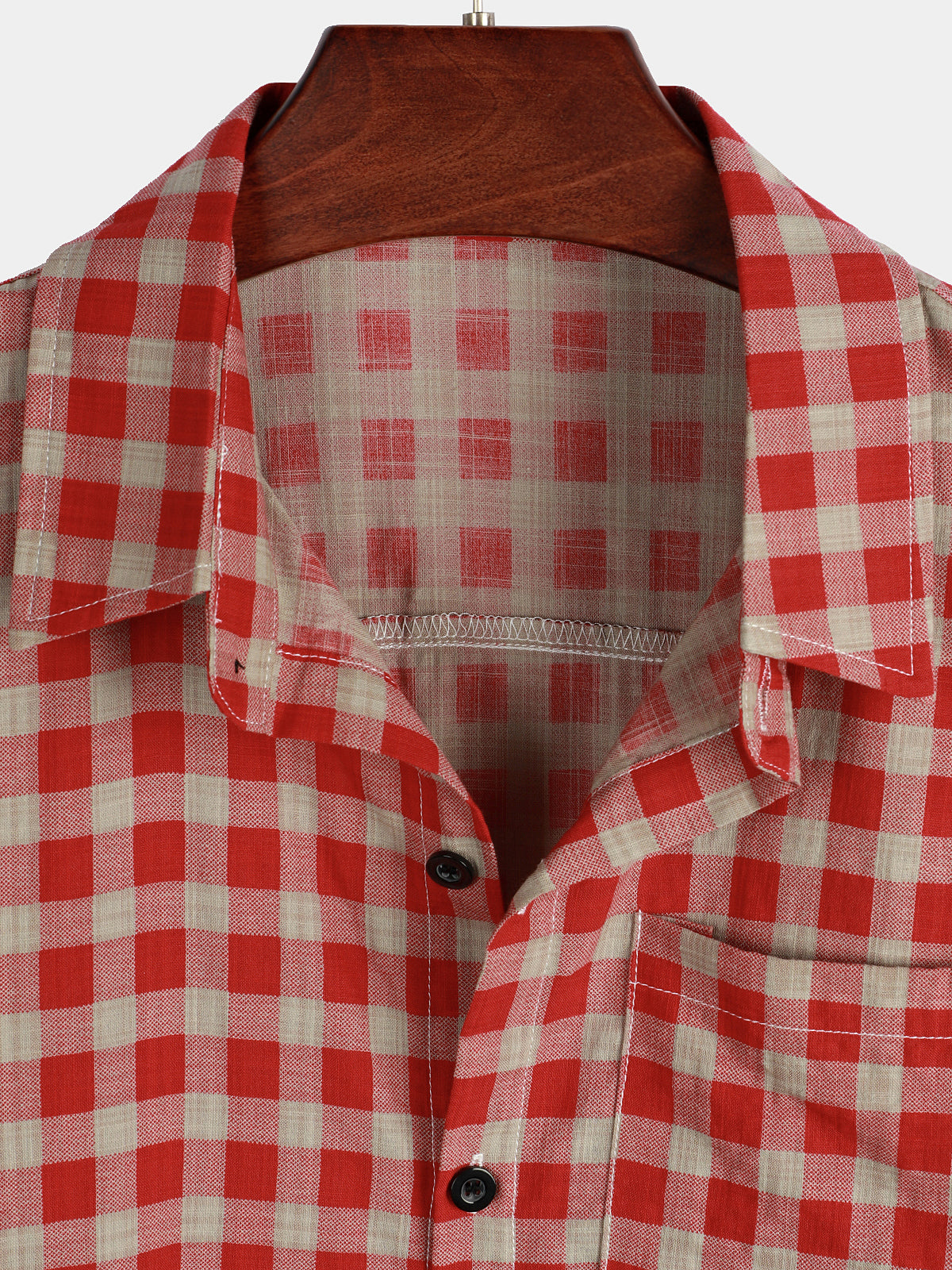 Men's Red Check Print Plaid Pocket Button Up Short Sleeve Shirt