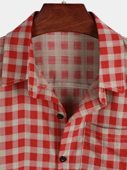 Men's Red Check Print Plaid Pocket Button Up Short Sleeve Shirt