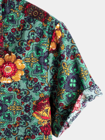 Men's Vintage Flower Print Cotton Short Sleeve Shirt