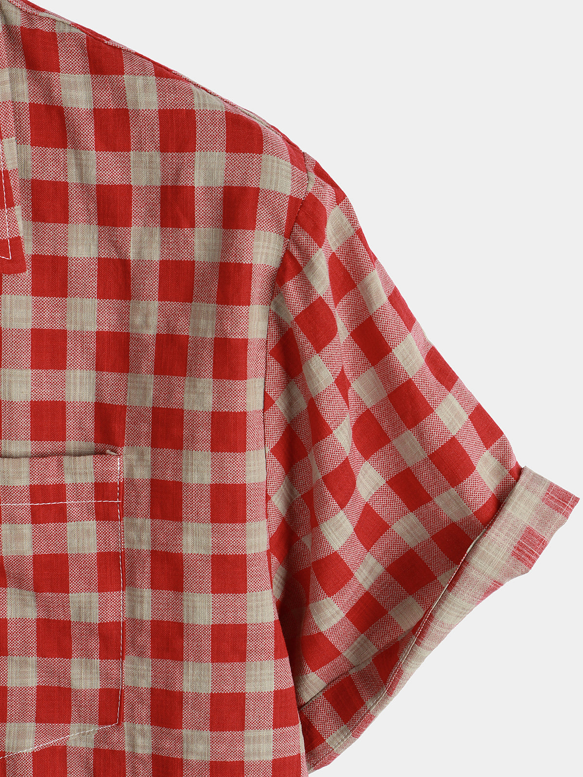 Men's Red Check Print Plaid Pocket Button Up Short Sleeve Shirt