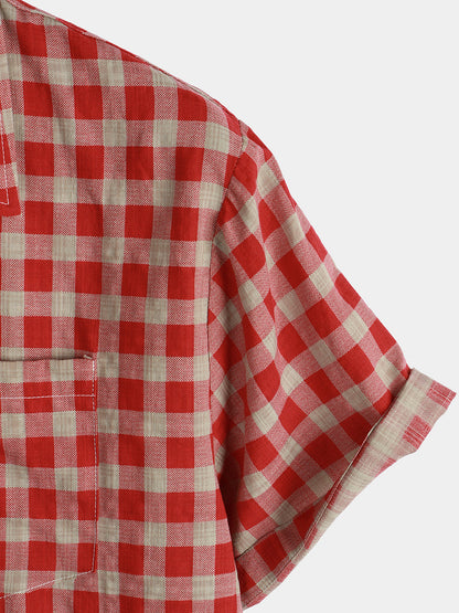 Men's Red Check Print Plaid Pocket Button Up Short Sleeve Shirt