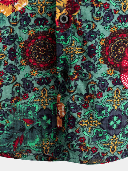 Men's Vintage Flower Print Cotton Short Sleeve Shirt
