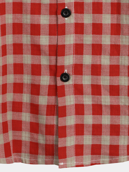 Men's Red Check Print Plaid Pocket Button Up Short Sleeve Shirt