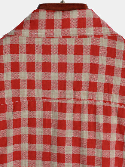 Men's Red Check Print Plaid Pocket Button Up Short Sleeve Shirt