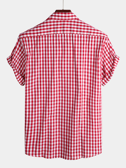 Men's Plaid Cotton Casual Solid Color Pocket Summer Holiday Button Up Short Sleeve Shirt