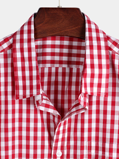Men's Plaid Cotton Casual Solid Color Pocket Summer Holiday Button Up Short Sleeve Shirt